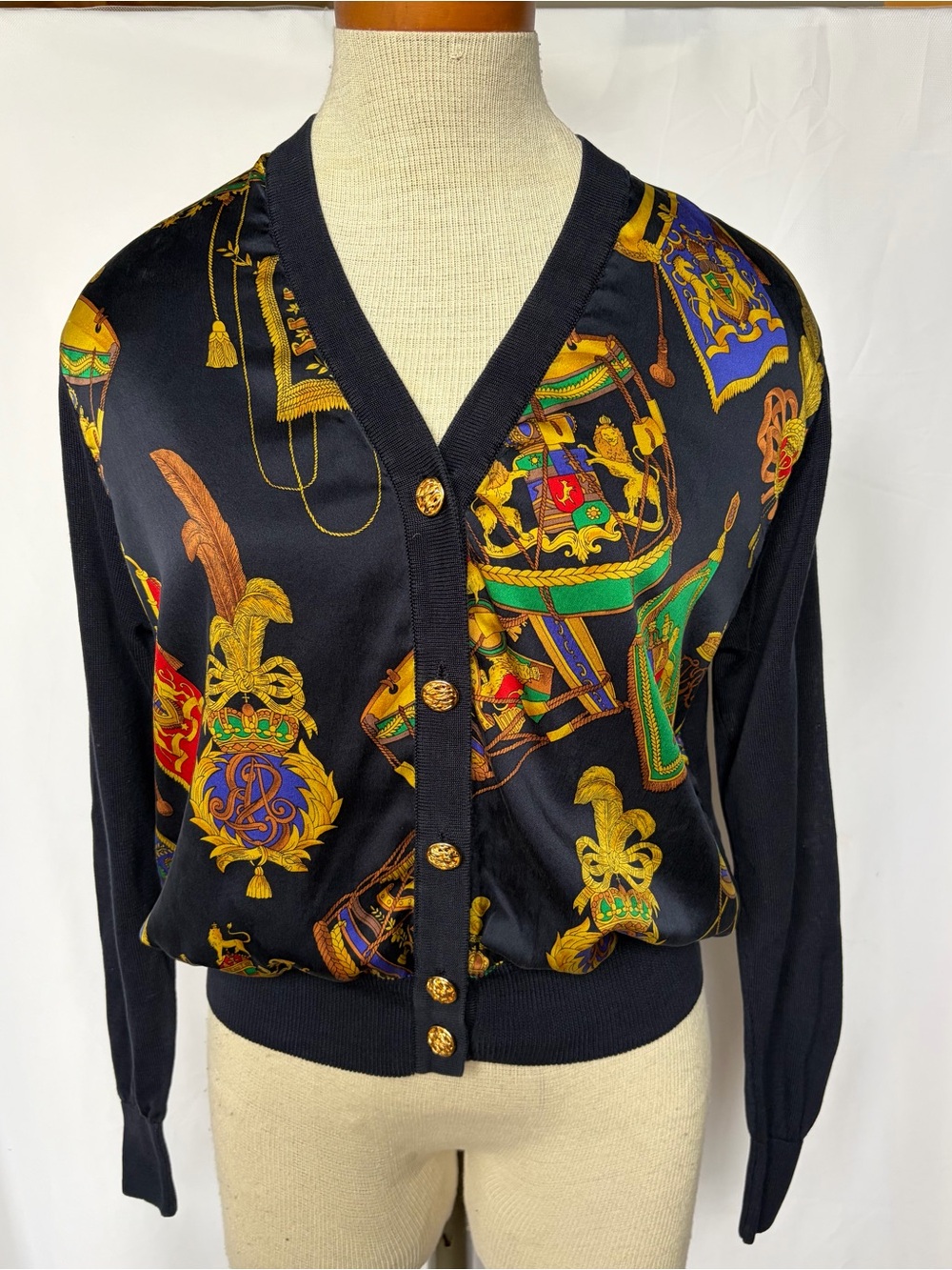 Nicole Moda Navy Silk Printed Cardigan - Gold & Multicolor Crest Design